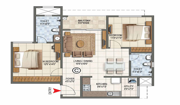 Mahindra Blossom 2 BHK Floor Plan