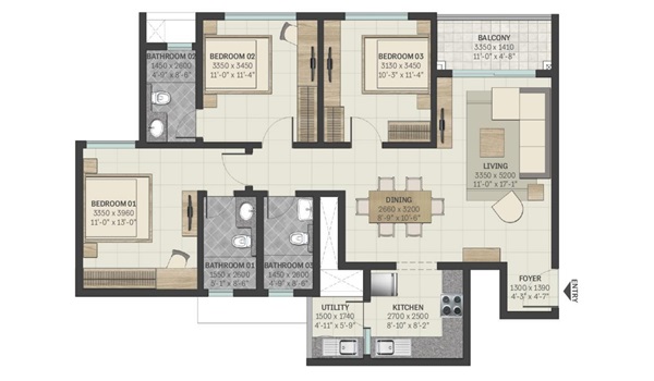 Mahindra Blossom 3 BHK Large Floor Plan