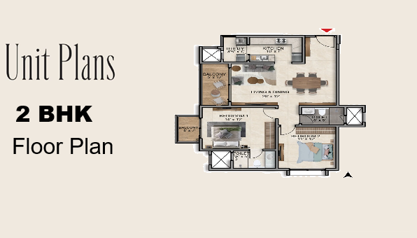 Mahindra Blossom 2 BHK apartment floor plan, featuring a spacious and comfortable LifeDesigned® layout.